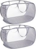 Durable Collapsible Laundry Baskets, Mesh Pop Up Laundry Hamper with Side Pocket, Foldable Clothes Hamper with Reinforced Carry Handles for Laundry, Bathroom, Kids Room, Dorm or Travel 2 Pack Grey
