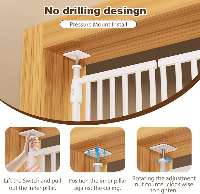 74.8"-90.5" Extra Tall Cat Gate for Doorway, Auto‑Close, No‑Drill Pressure‑Mount with 3 Support Pillars & Double‑Door, Fits 30.3–38.2″ Openings, 1.37″ Narrow Gap, Extension Kit Included, White