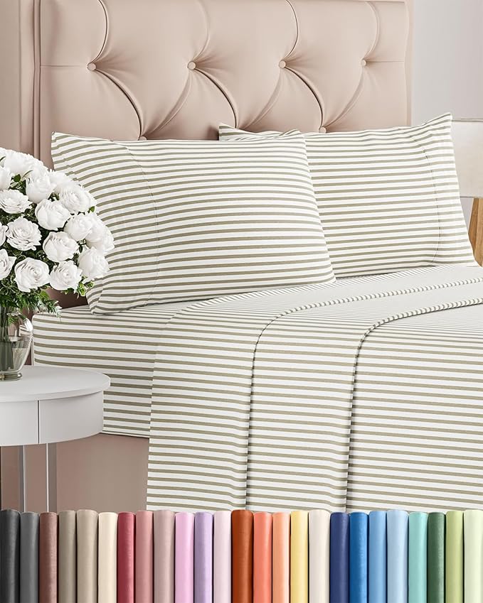 Twin 4 Piece Sheet Set - Cooling & Breathable Bed Sheets - Hotel Luxury Bed Sheets for Women, Men, Kids & Teens - Bedding w/Deep Pockets & Easy Fit - Soft & Wrinkle Free - Twin Beige Stripes Sheets