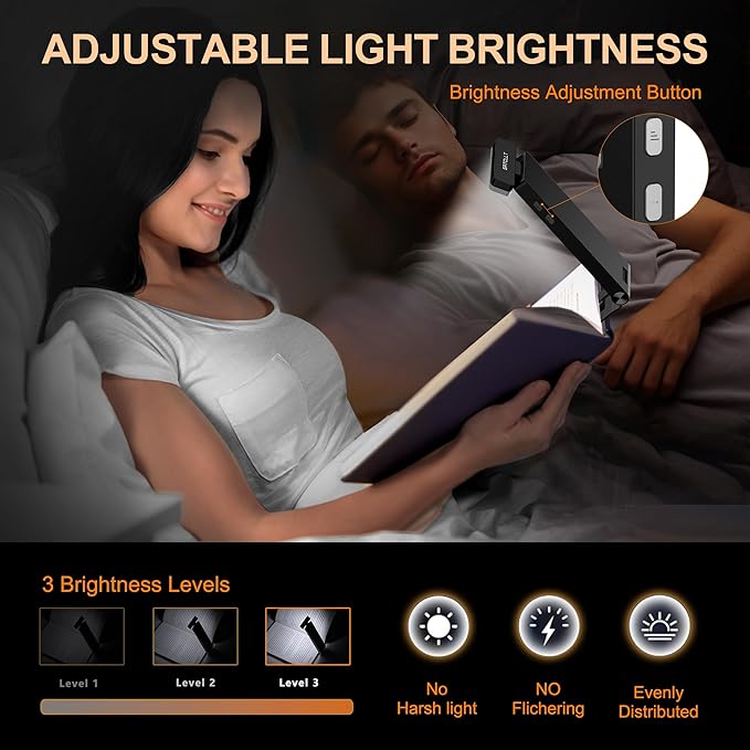 Book Lights,1500mAh Rechargeable Reading Light in Bed, 3 color Adjustable Reading Lights, 3 Brightness dimming Portable Bookmark Night Lamp, Built-in Battery Book Light, Best gift for Book lovers