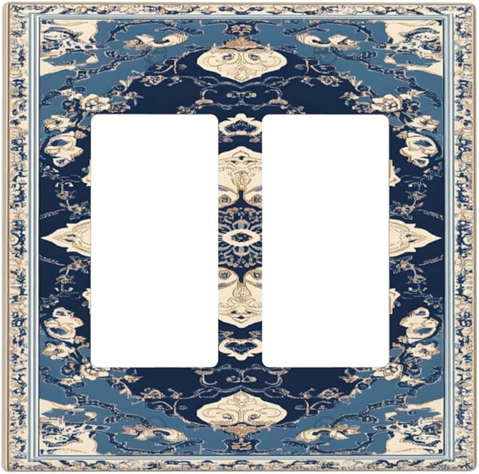 Decorative Outlet Covers Boho Beige Navy Blue Medallion 2 Gang Light Switch Cover Plate Double Rocker Wall Plate Gfci Switch Plate Covers for Country Bathroom Bedroom Decor