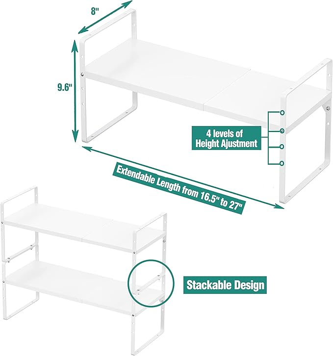 Expandable Cabinet Shelf Organizer Rack, Stackable Kitchen Counter Storage Shelves Stand, Adjustable Height Pantry Shelf Spice Rack, Heavy Duty Nonslip White Small 2Pack