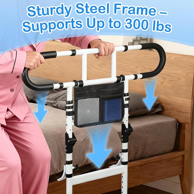 Bed Rails for Elderly Adults Safety, Bed Cane for Seniors, Adjustable Height Grab Bar Handrails with 2 Ergonomic Handles and Storage Pocket, Support up to 300 lbs, 180° Foldable Assist Rail