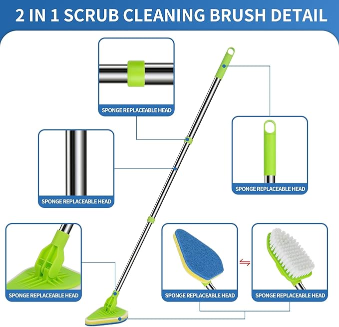 2 in 1 Scrub Cleaning Brush with 37” Long Extendable Handle,1 Stiff Bristle and 3 Sponge Brushes, Lightweigh Detachable Shower Scrubber for Cleaning Bathroom Shower Bathtub Glass Tile Floor