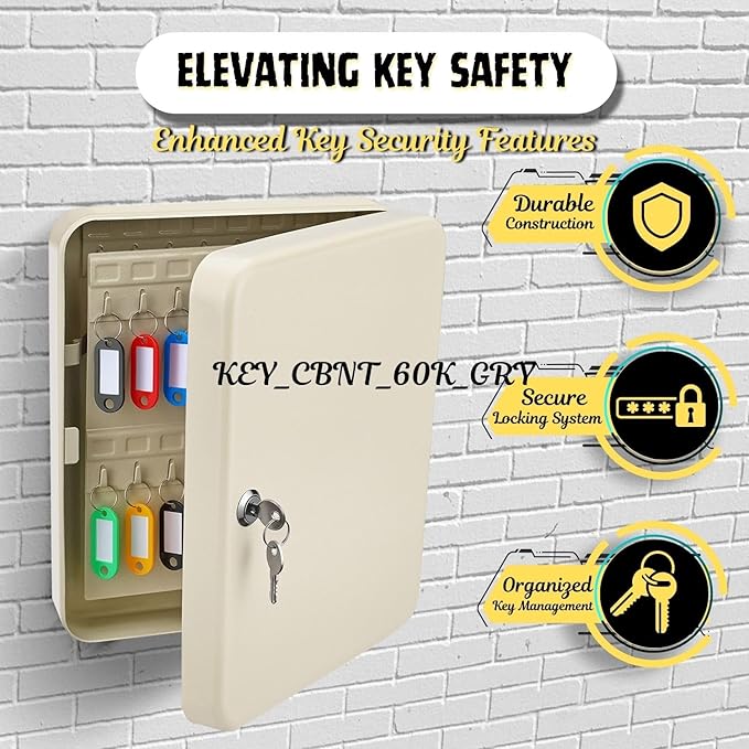 Flexzion Key Box Wall Mount with Code, Key Cabinet with 60 Key Holder Organizer Locker Case, Colored Key Tags & Hooks Wall Mounted Lock Box for Keys Storage, Homes, Property, Hotels, Business (Gray)
