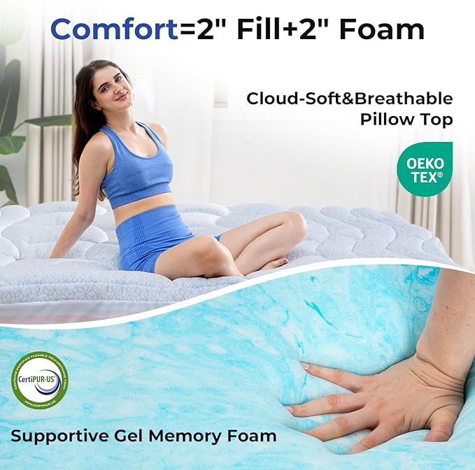 Dual Layer 4 Inch Cooling Memory Foam Mattress Topper Full Size, 2 Inch Thick Soft Quilted Ice Silk Pillow Top Cover Plus 2 Inch Gel Memory Foam Mattress Pad for Back Pain Relief