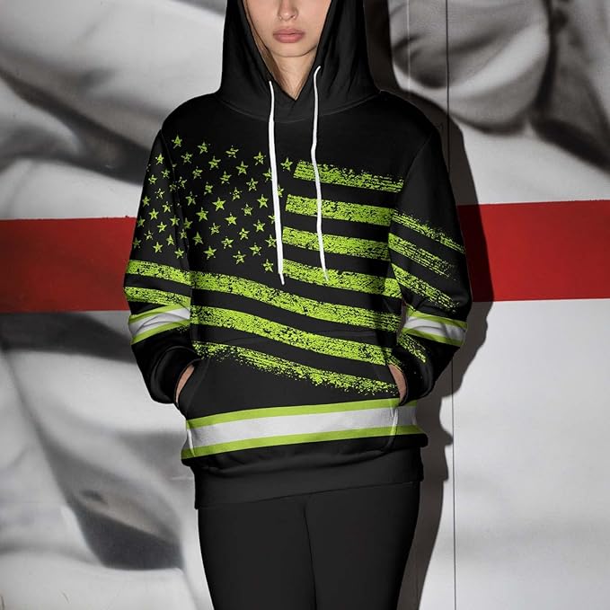 US Flag High Visibility Hoodie for Men Reflective Hoodie Safety Workwear for Worker Runner Patriotic ACC02
