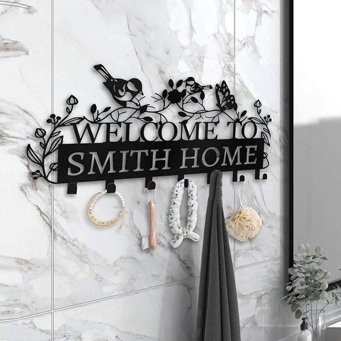 Personalized Key Holder for Wall - Custom Name Metal Wall Key Hanger - Welcome to My Home - Key Rack Holder Wall Mount for Living Room Bedroom Doorway Hallway, Unique Housewarming Gift