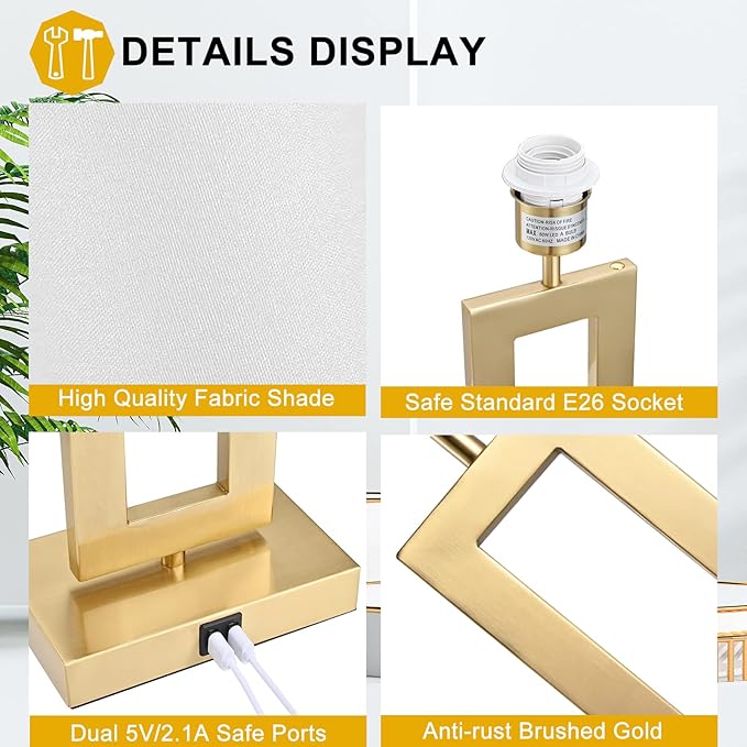 22’’ Set of 2 Touch Control Table Lamps w. 2 USB Ports, 3-Way Dimmable Bedroom Bedside Nightstand Touch Lamps, Modern Gold&White Lamps for Living Room End Table, LED Bulbs Included