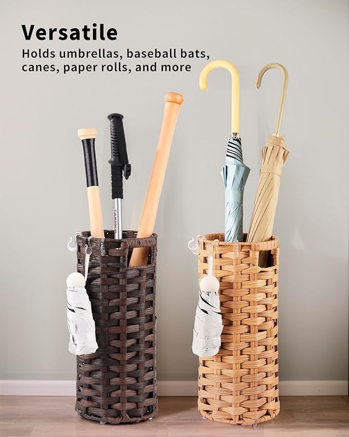 Rattan Umbrella Stand, Umbrella Holder for Entryway, Hand Woven Umbrella Rack Organizer Freestanding, with a Detachable Drip Tray, 4 Hooks, 7.5" L x 7.5" W x 16.5" H, Brown