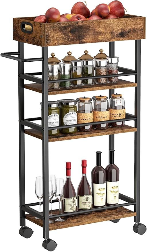 Slim Storage Cart, 4 Tier Rolling Cart with Handle, Rolling Carts with Wheels, Metal Frame Narrow Cart for Small Spaces for Kitchen, Dining Room, Bathroom, Laundry Room, Office