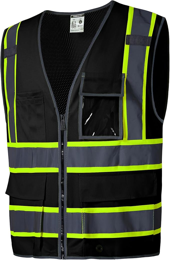 SKSAFETY 10 Pockets Safety Vest, Class 2 High Visibility Security with Zipper Back Mesh, Hi Vis Vest with Reflective Strips, ANSI/ISEA Standard, Construction Work Vest for Men ＆ Women （Black, XL）