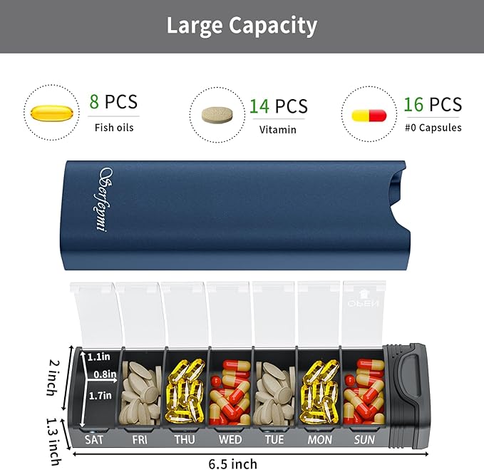 Metal Weekly Pill Organizer, Serfeymi Aluminum Daily Pill Box(Spare Gasket Provided),7 Day Pill Case Travel Medicine Organizer,Pill Containers with Individual Lid for Vitamins,Pills, Supplement-BL+BK
