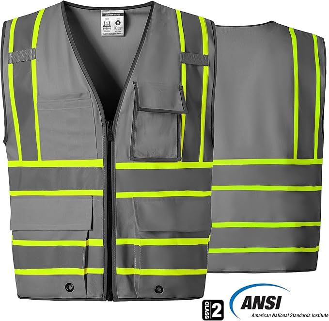 SKSAFETY 10 Pockets Safety Vest, Class 2 High Visibility Security with Zipper, Hi Vis Vest with Reflective Strips, ANSI/ISEA Standard, Construction Work Vest for Men ＆ Women （Grey,4XL）