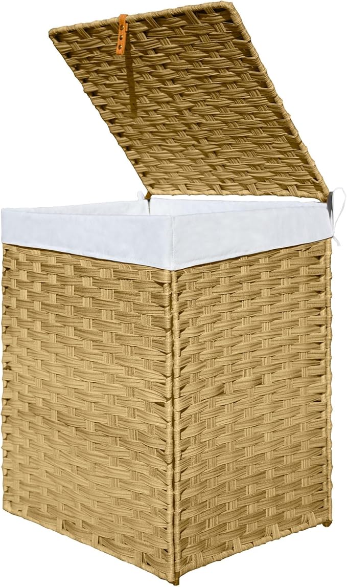 Woven Rattan Laundry Hamper with Lid & Handles,90L Foldable Laundry Basket Includes Machine Washable Removable Liner with 2 Compartments for Storage Basket for Bedroom, Bathroom(Yellow)