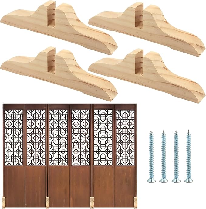 4pcs Folding Room Divider Stand,Wooden Room Divider Stand with Screws,Folding Privacy Screen Holder, Room Screen Holder Feet Partition for Hotel Home Office (Wood)