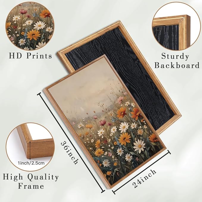 IARTTOP Extra Large Botanical Brown Framed Wall Art 24x36 Inch Set of 3 Vintage wildflower Art Prints Calming Nature Floral Landscape Wall Decor for Living Room Dining room Bedroom