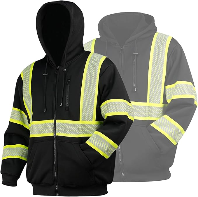 GLIMMR High Visibility Safety Hoodie Reflective ANSI Class 3 Sweatshirts for Men Hi Vis Construction Work Zipper Jackets