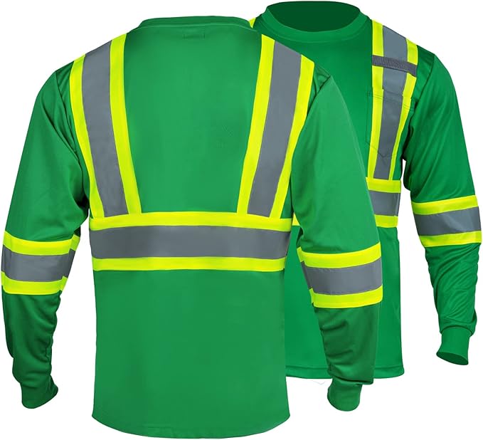 FONIRRA Hi Vis Shirts for Men Reflective ANSI Class 2 Safety Long Sleeve High Visibility Work Construction T Shirts Green
