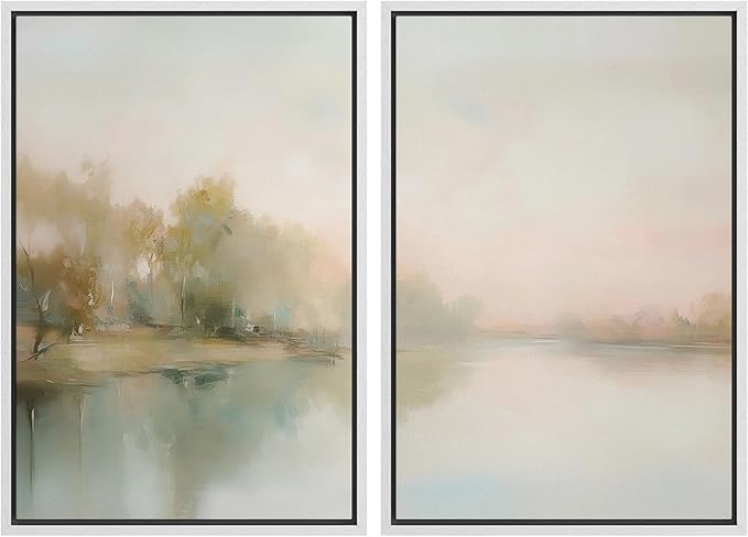 MUDECOR Framed Canvas Print Wall Art Tranquil Reflection Serene River Landscape Illustrations Modern Art Decorative Bohemian Chic for Living Room, Bedroom, Office - 16"x24"x2 White