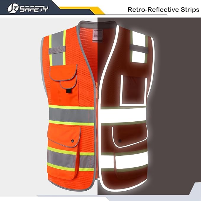 JKSafety 9 Pockets Hi-Vis Safety Vest Breathable Mesh Fabric Cushioned Collar Work Utility PPE Lightweight Industrial Work Gear ANSI/ISEA compliant (101-Orange 3XL)