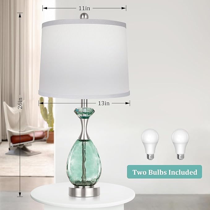 Hamucd Coastal Glass Table Lamps Set of 2, 3-Way Dimmable Touch Control Nautical Lamp with USB A+C Ports,Bedside Lamps Beach Decor, Modern Nightstand Lamps with 2 LED Bulbs for Bedroom Living Room