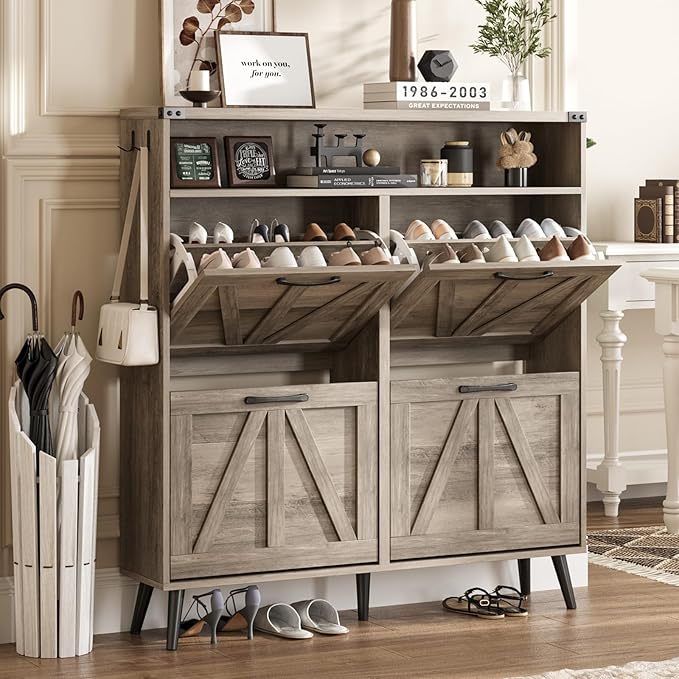 Shoe Cabinet with 4 Flip Drawers,Farmhouse Shoe Storage Cabinet for Entryway,Narrow Freestanding Organizer Rack with Open Shelves for Foyer,Hallway,Grey