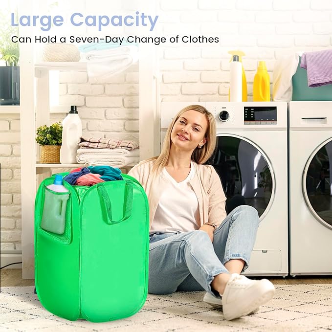 HOUSE AGAIN Upgraded Pop-up Laundry Hamper, Collapsible Laundry Basket with Durable Handles Solid Bottom High Steel Frame, Portable Foldable Dirty Clothes for Dorm, Laundry room Travel, Green