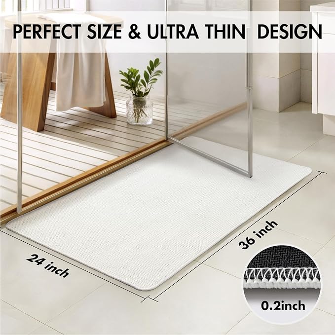 MIULEE Set of 2 Ultra Thin Bathroom Rugs, Rubber Bath Mats for Bathroom Non Slip, Quick Dry Absorbent Bath Rug Machine Washable, Fit Under Door, Shower, Sink, Home Decor, White, 24x36 Inch