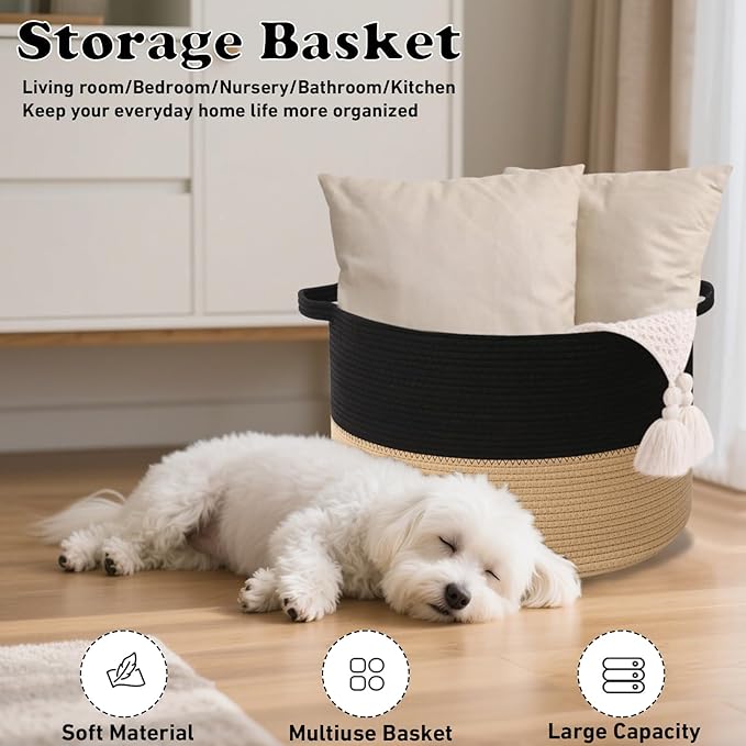 Large Storage Basket with Handle,19.7" L x 19.7" W x 13" H Blanket Basket Storage Bins for Organizing,65L Cotton Rope Woven Baskets for Living Room, Nursery ,Bedroom,Black&Camel
