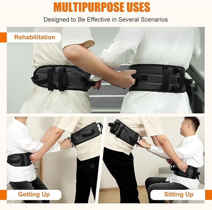 Rhino Valley Gait Belt for Senior with 7 Handles, 59" Anti-Slip Gate Belts medical for elderly, Transfer Belt with Quick Release Buckle, Elderly, Physical, Handicap, Bariatric Therapy, Black & Black