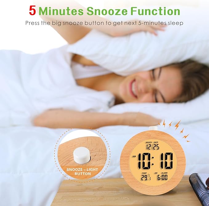 Plumeet Wooden Digital Alarm Clock for Bedrooms, Wood 4'' Battery Powered Alarm Clock with Snooze and Nightlight, Electronic LCD Desk Clock Display Time, Date, Temp, 12/24H, Wood Décor, Round, Brown