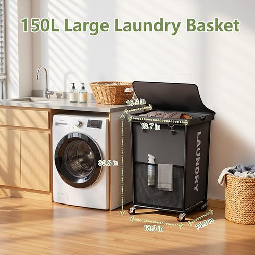 150L Laundry Basket with Wheels, Rolling Laundry Hamper with Cloth Cover, Laundry Cart with Metal Frame & Removable Bag, Large Dirty Clothes Hampers for Bedroom Aesthetic, Laundry Room Bathroom, Grey