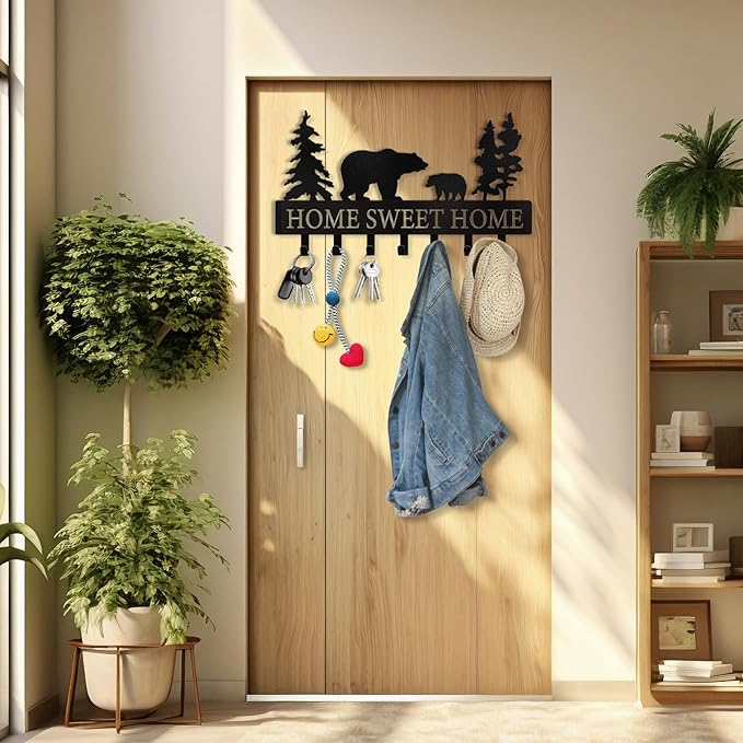Personalized Key Holder for Wall - Metal Bear Key Rack Wall Mounted with Hooks - Key Holder Hooks Organizer Coat Rack - Animal Theme Hooks Sweet Home Decor for Storage, Hallway, Bedroom, Office