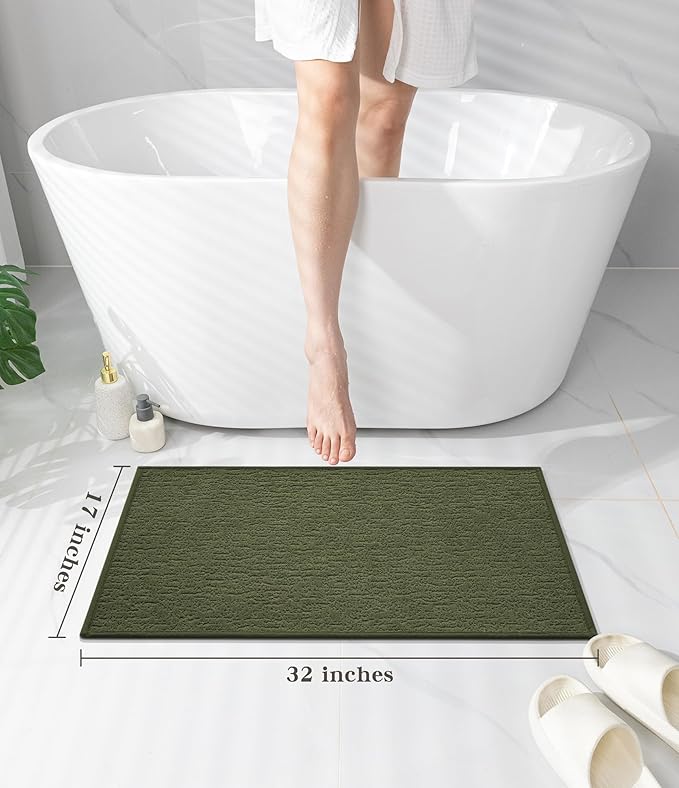 chakme Bathroom Rugs Mat 32x17, Ultra Thin Non Slip Bath Mat Quick Dry Absorbent Bath Mat for Bathroom Floor, (Dark Green, 32"x17")