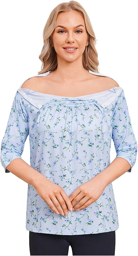Deyeek Post Shoulder Surgery Shirt for Women Chemo Tear Away Shirt Snap Button 3/4 Sleeve Recovery Adaptive Clothing