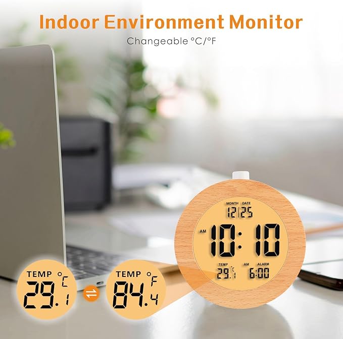 Plumeet Wooden Digital Alarm Clock for Bedrooms, Wood 4'' Battery Powered Alarm Clock with Snooze and Nightlight, Electronic LCD Desk Clock Display Time, Date, Temp, 12/24H, Wood Décor, Round, Brown