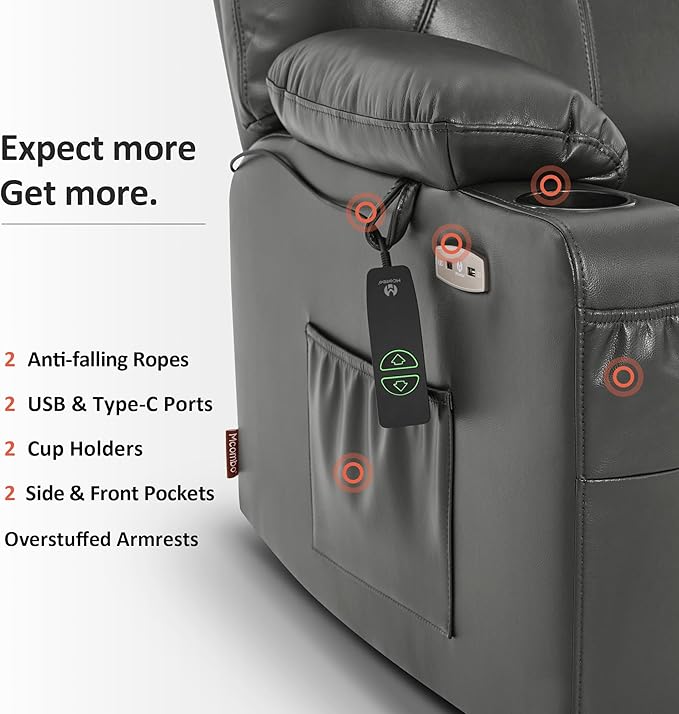 MCombo Extra Wide Power Lift Recliner Chair for Elderly, Lift Chair with Heat and Massage for Big People, USB&Type C Ports, Cup Holders, Faux Leather R7045 (Grey, Medium-Wide)
