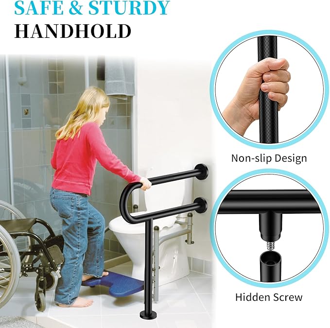 Toilet Support Rail 23.4X 28 Inch, Munzong Anti-Slip Black Handicap Grab Bar for Bathroom, Stainless Steel Knurled Safety handrails with Leg for Elderly Disabled Pregnant-1.25’Tube