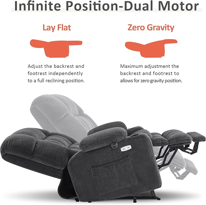 MCombo Dual Motor Power Lift Recliner Chair for Elderly, Lay Flat Lift Chair with Heat and Massage, Petite Lift Chair, Cup Holders, USB A&C Ports, Fabric 7893 (Small, Dark Gray)