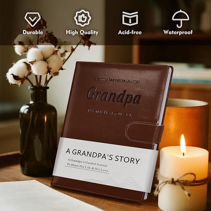 Artmag Grandpa's Life Story Journal with 250+ Prompt Questions, Family Keepsake Book Leather Cover for Grandpa to Share His Memories for Birthday Father's Day Christmas (Brown)