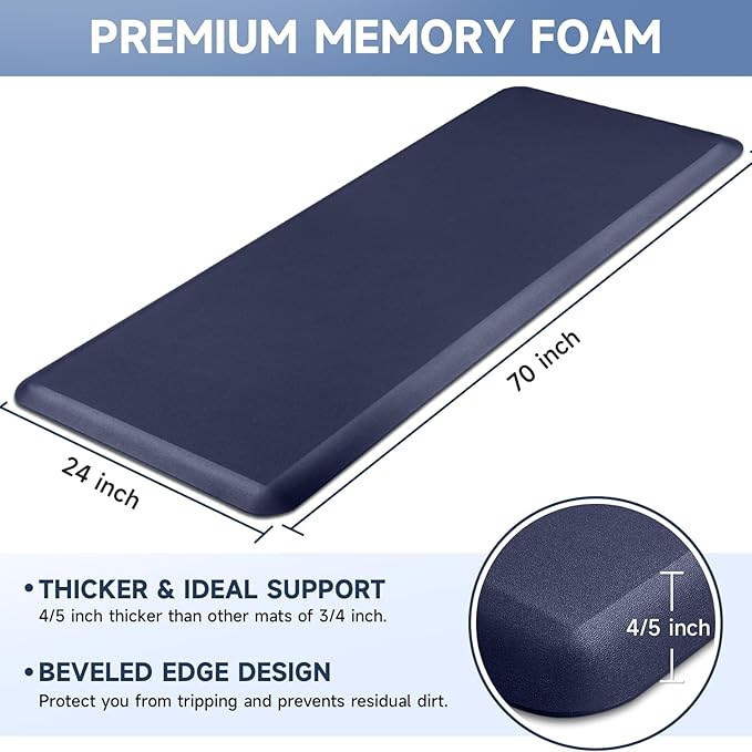 4/5 Inch Thick Kitchen Mats for Floor, StepRite Kitchen Rug for Standing Desk, Non-Slip, Thicker, Stain & Water Resistant, Comfort Anti Fatigue Floor Mat for Home, Kitchen, Office - Blue,70 * 24''