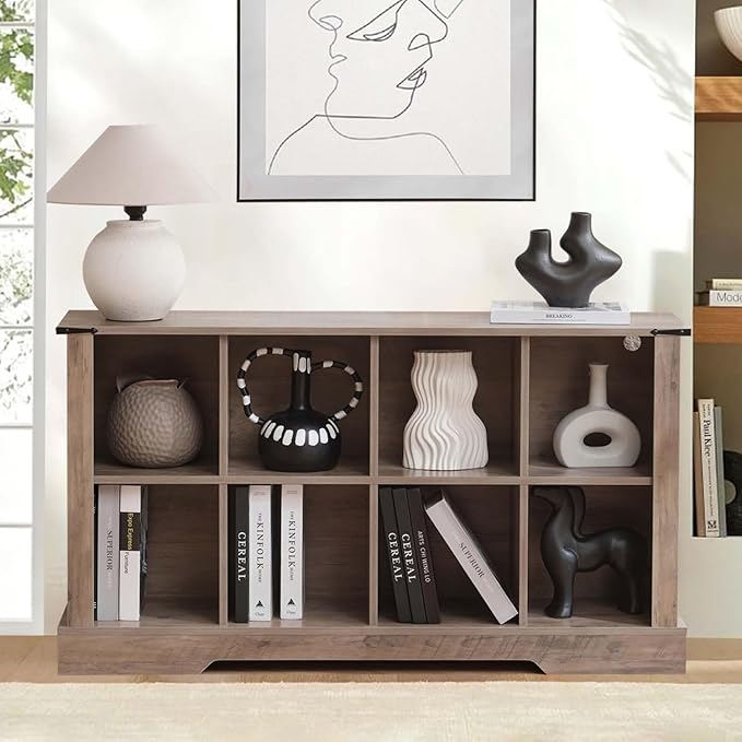 8 Cube Bookcase, Wooden Cube Storage Organizer Shelf, Grey Horizontal Book Shelf with LED Lights, Freestanding Display Cabinet for Living Room, Hallway TV Stand for Entryway
