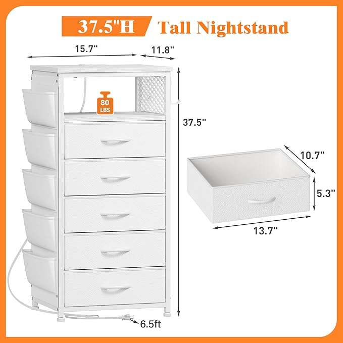 EnHomee Tall Night Stand Set 2 with 5 Drawers, LED Nightstand with Ports & Outlets, White Dresser with Extra Side Bag & Storage Shelf & Hooks, Bedroom, Dorm, Closet