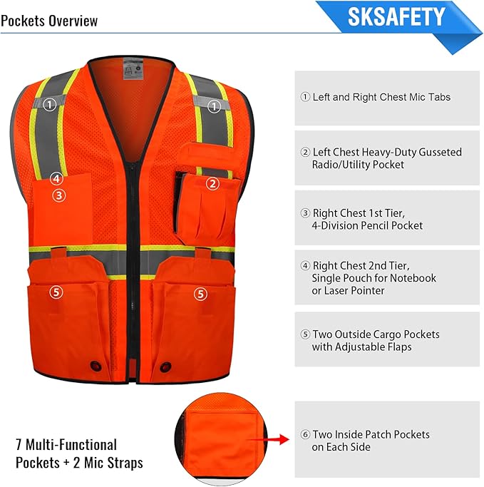 SKSAFETY 10 Pockets Hi Vis Safety Vest with Zipper - Class 2 Reflective Security Vest, ANSI/ISEA Standard - Construction Work Vest (Orange, 5XL)
