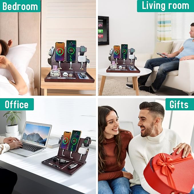 USB Charging Station for Multiple Devices Wood Phone Docking Station with QC3.0 & PD 22.5W Type c Charger Fast Charging for iPhone Samsung Google Andriod Smart Watch Earbuds Gifts for Men