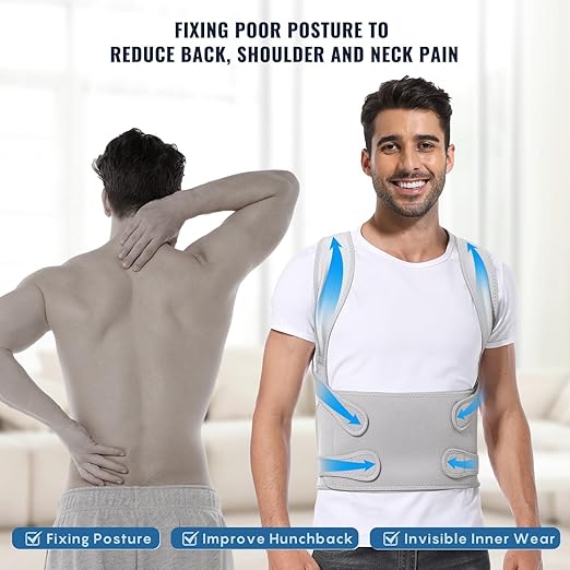 Posture Corrector for Women and Men, Adjustable Back Brace with Full Back Support, Shoulder Straightener for Spine Alignment, Kyphosis, Hunchback, Scoliosis, Lumbar, Spine, Grey (Large)