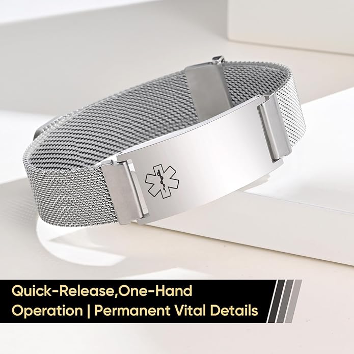 VNOX Medical Alert Id Bracelet for Men Women, Custom Engraving Adjustable Stainless Steel Customizable Mesh Emergency Survival Medic Bracelets Wristband Loop Band with Replacement Tag