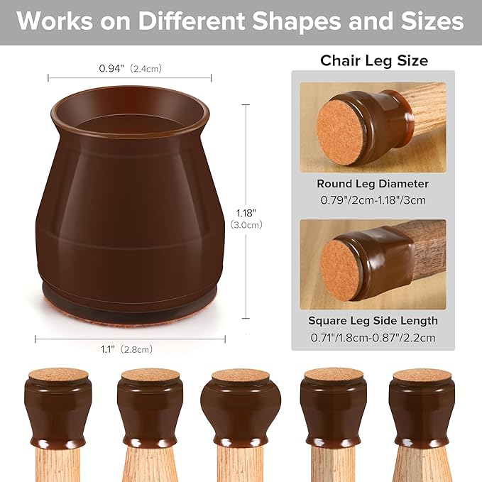 24PCS Upgraded Silicone Chair Leg Floor Protectors for Hardwood Floors, Furniture Sliders for Chair Legs, Felt Bottom Furniture Pads, Anti-Slip Round&Square Cap Covers to Scratch and Reduce Noise