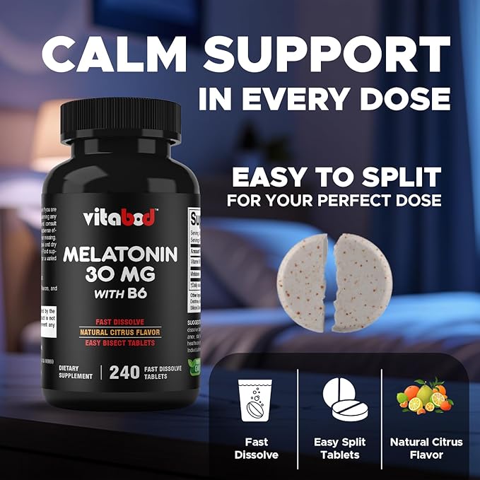 Melatonin 30 mg with Vitamin B6 – 240 Fast Dissolve Tablets High-Potency Sleep Support – Drug-Free, Natural Citrus Flavor – Vegetarian, Non-GMO, Gluten-Free